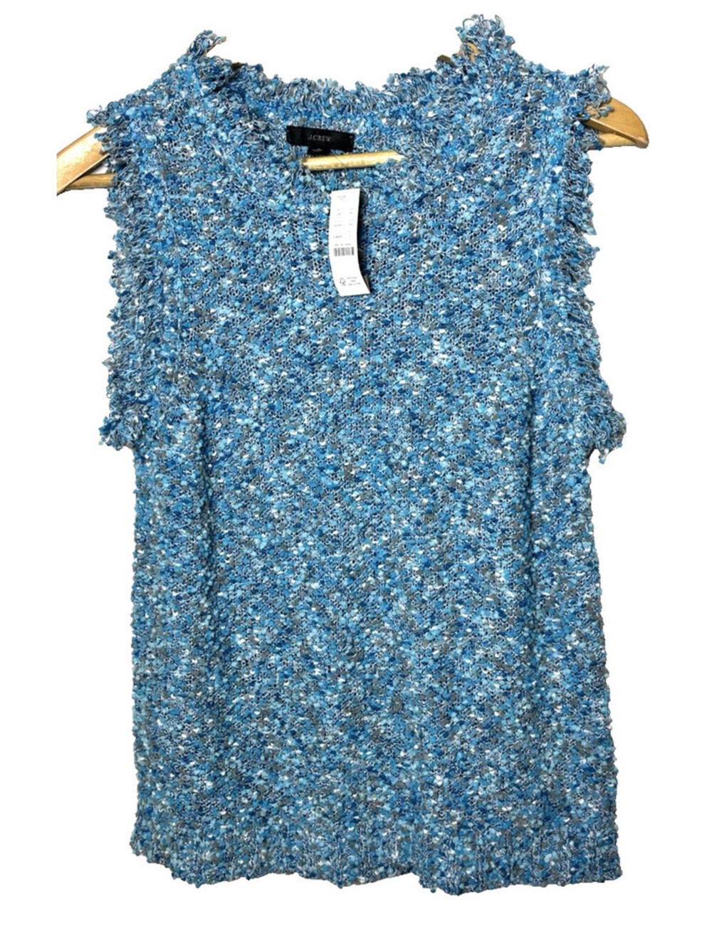 J. Crew Tweed Fringe Shell Sweater Vest, Blue, Preppy Small Frayed Edges NWT